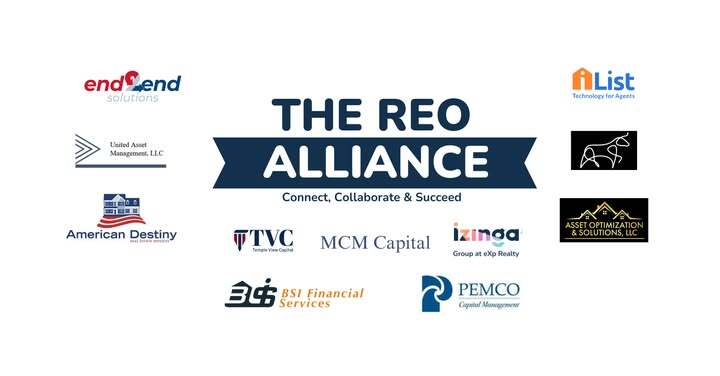 The REO Alliance — Connect, Collaborate and Succeed. Partner companies include MCM Capital, American Destiny, BSI Financial, Pemco, End to End Solutions, Templeview Capital, and more.